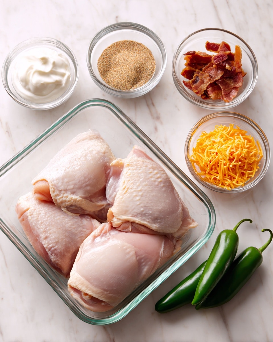 Three raw pale pink chicken pieces rest in a clear glass baking dish placed on a white marbled surface. Around the dish, there are five small clear bowls: one with white sour cream, one with crispy brown bacon strips, one with a mix of light beige spices, and one with bright orange shredded cheddar cheese. Two glossy green jalapeño peppers lie beside the bowls on the white marbled surface. photo taken with an iphone --ar 4:5 --v 7