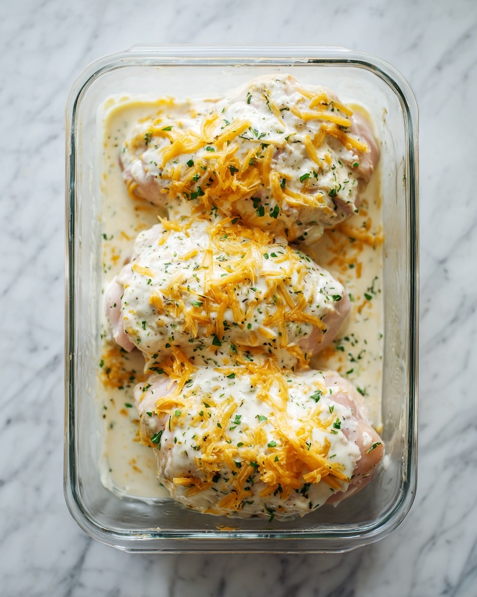 The image shows a clear glass baking dish placed on a white marbled surface. Inside the dish, there are three pieces of raw chicken topped with a thick layer of creamy white sauce mixed with shredded orange cheese and small green herb bits. The sauce fully covers the chicken pieces, with a slightly uneven texture, and the chicken skin underneath is a soft pink color. Photo taken with an iphone --ar 4:5 --v 7