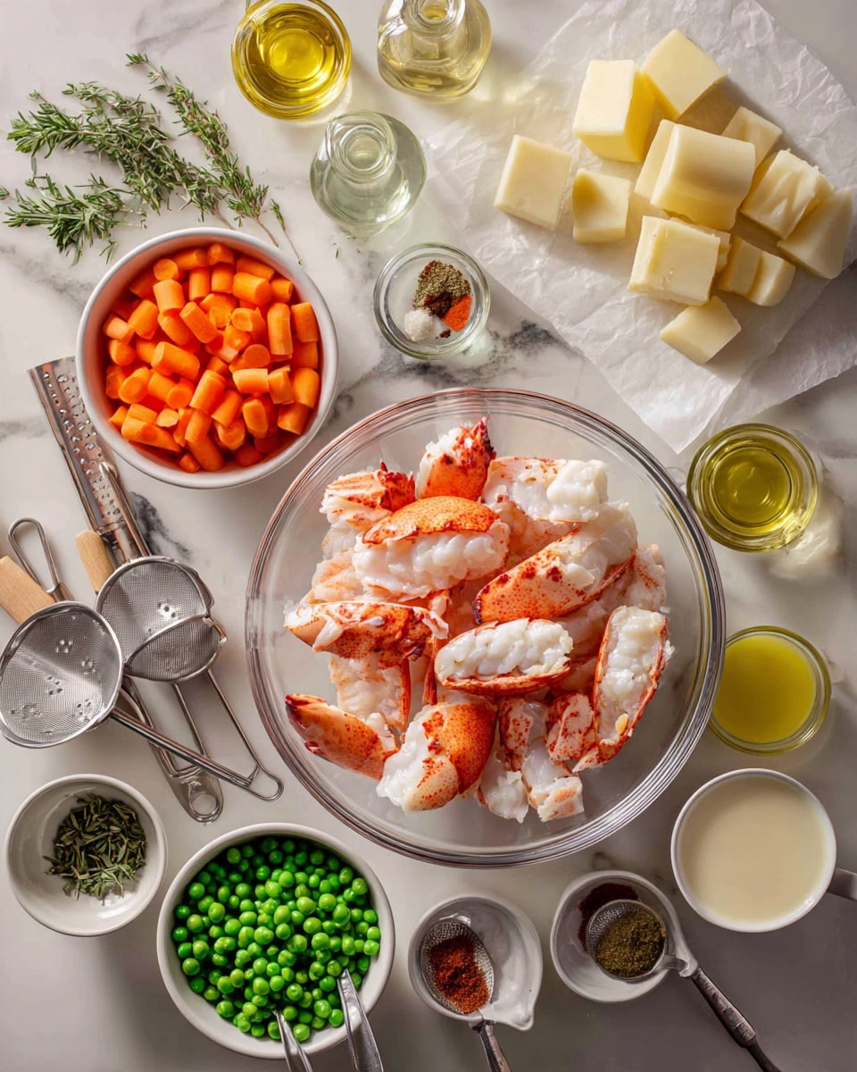 A top-down view of many ingredients on a white marbled surface arranged neatly in bowls and containers. In the center, a clear glass bowl holds bright red lobster claws and chunks of lobster meat with white flesh and darker red shells. To the right, there is a folded pale sheet of dough on white parchment paper. Surrounding these main items are small white bowls filled with cubed white potatoes, bright orange carrot slices, and bright green peas. Various measuring cups and small glass bottles containing clear liquids and yellow oil are placed around. Fresh green herbs tied in small bundles and silver measuring spoons with spices in shades of green, brown, and red add color. The scene also includes metal sieves, a wooden spoon, a metal grater, and a small glass measuring jug filled with creamy white liquid, all set on the white marbled background. photo taken with an iphone --ar 4:5 --v 7