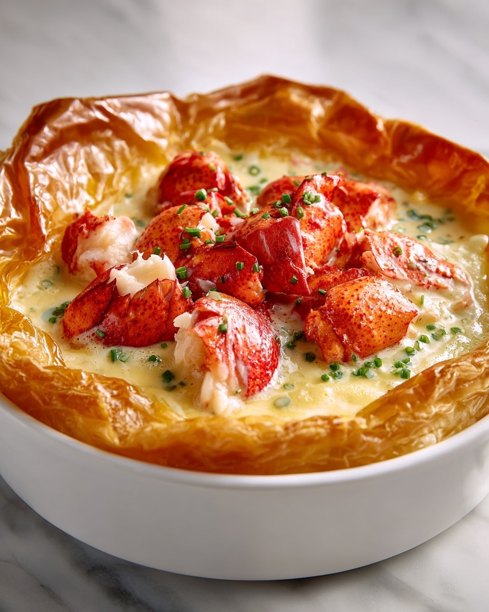A white bowl holds a dish with a golden brown puff pastry crust forming the outer layer, thick and crispy with shiny texture. Inside, the creamy sauce fills the center, pale yellow and smooth, with chunks of bright red lobster meat scattered on top. The lobster pieces are shiny, thick, and juicy-looking with some white interior. Small green herb bits are sprinkled over the sauce and lobster for color contrast. The bowl sits on a white marbled surface. photo taken with an iphone --ar 4:5 --v 7