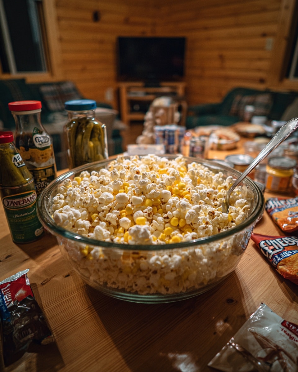 The image shows a large clear glass bowl filled with a mixture of popcorn, cheese balls, and small round yellow and white pieces, placed on a long wooden table in a cozy, warm room with wooden walls and dim lighting. The bowl sits in the middle of the table with a white spoon inside it, slightly leaning on the edge. Around the bowl, there are five food items: a container of jalapenos on the left, two cans of cheese seasoning and ranch dip, and two packets of shredded cheddar and Mexican cheese on the right. The table and background create a homey and inviting atmosphere. Photo taken with an iphone --ar 4:5 --v 7