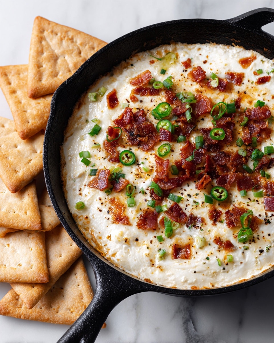 The image shows a black cast iron skillet filled with a creamy, melted cheese dip topped with small pieces of crispy bacon, sliced green jalapeños, and chopped green onions. The dip is thick and white with a slightly browned top where the cheese has melted. Around the skillet, there are several light brown, triangular crackers arranged on a white marbled surface. The crispy textures of the bacon pieces and the freshness of the green toppings contrast with the smooth, creamy dip. A woman's hand is not visible but can be imagined reaching for one of the crackers. Photo taken with an iphone --ar 4:5 --v 7