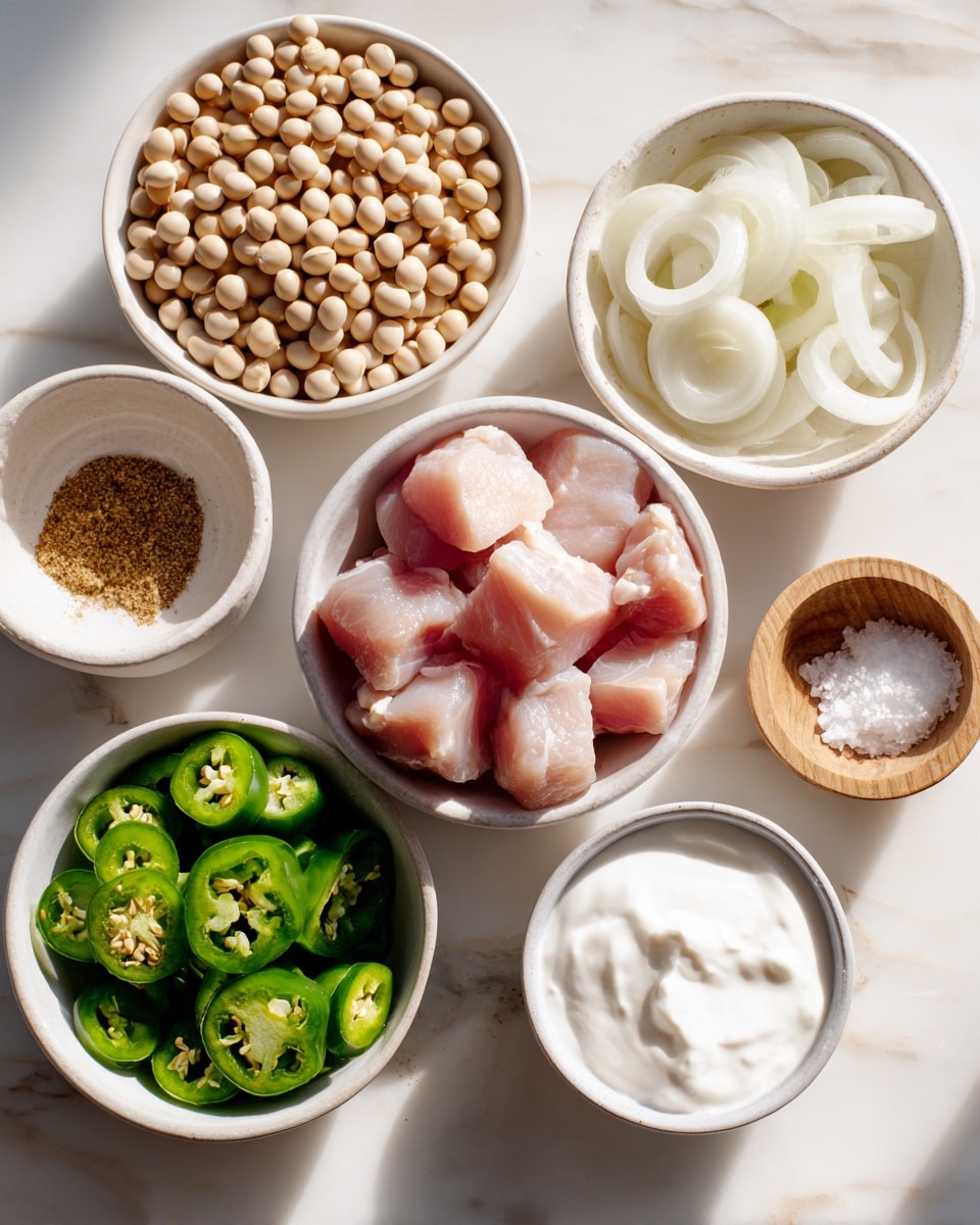 The image shows six white bowls arranged on a white marbled surface, each containing a different ingredient. In the front center bowl, there are light pink, raw chicken pieces cut into cubes. To the left, a bowl holds whole beige soybeans. Above that, a bowl of white sliced onions is visible. On the right side, a bowl is filled with bright green sliced jalapeño peppers. Toward the back, a small white bowl contains a brown ground spice, and next to it, a small wooden bowl holds coarse white salt. Another white bowl on the far right is filled with thick white yogurt. The lighting highlights the fresh and natural colors of the ingredients, set in a neat and clean layout. photo taken with an iphone --ar 4:5 --v 7