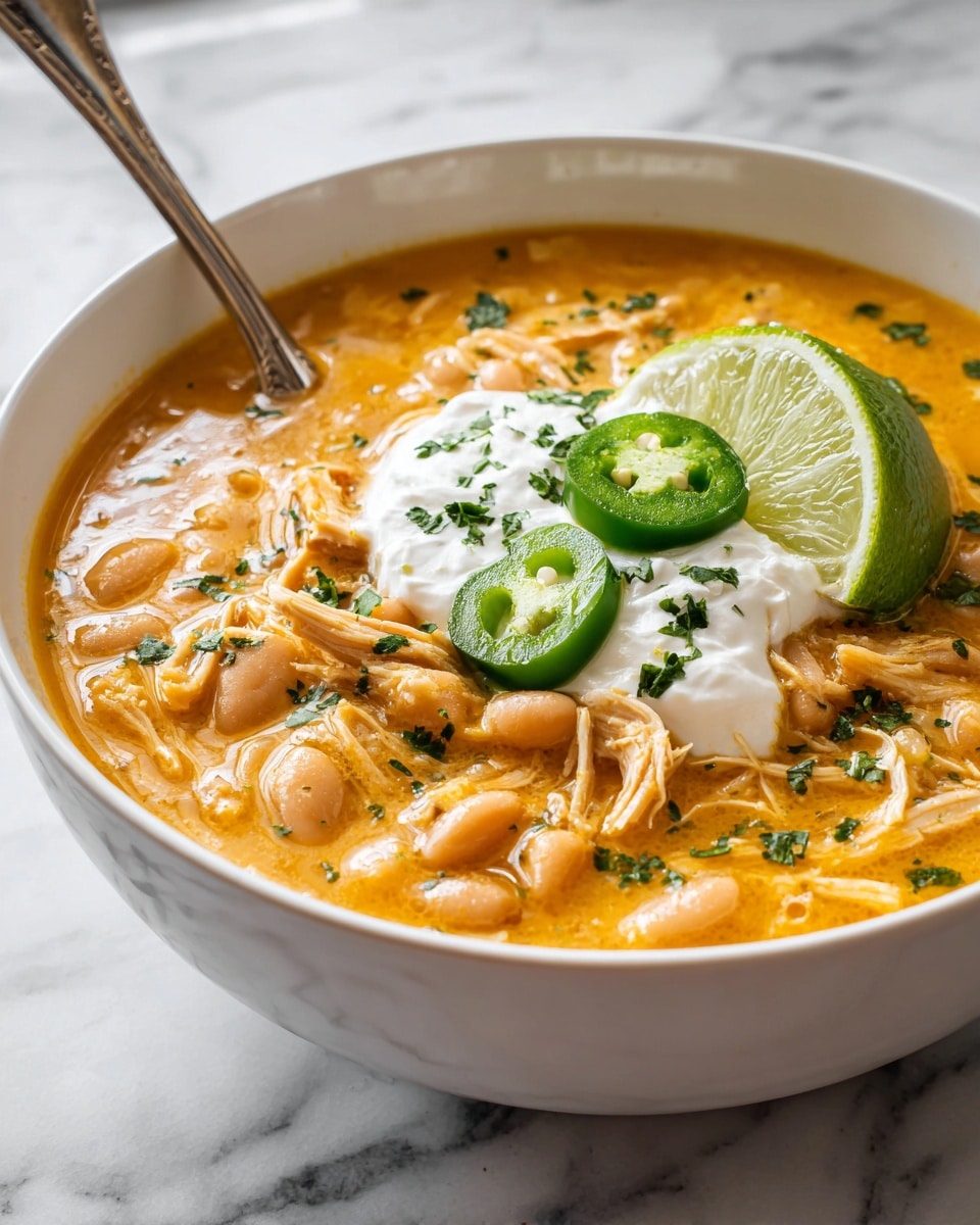 A white bowl filled with thick, creamy orange soup, showing shredded light brown chicken and white beans mixed inside. On top, there is a dollop of white sour cream with finely chopped green herbs sprinkled over it. Two bright green slices of jalapeño peppers rest on the sour cream. A slice of light green lime leans on the side of the bowl. The bowl sits on a white marbled surface. Photo taken with an iphone --ar 4:5 --v 7