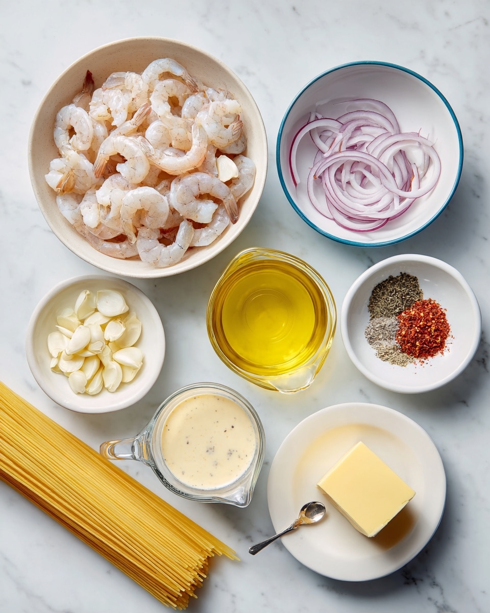 The image shows several white bowls and containers arranged on a white marbled surface, each holding different ingredients for cooking. One bowl is filled with raw, pale pink shrimp. Nearby, there is a small glass cup of bright yellow oil, a small white bowl with thin rings of light purple shallots, another white bowl with small pieces of white garlic, and a small white plate holding a yellow block of butter. A small white dish has a mix of black pepper and red paprika powders. There is also a clear measuring cup containing a pale cream sauce, with a spoon inside. At the bottom, an unopened pack of blue-labeled dry spaghetti sticks rests on the surface. Photo taken with an iphone --ar 4:5 --v 7