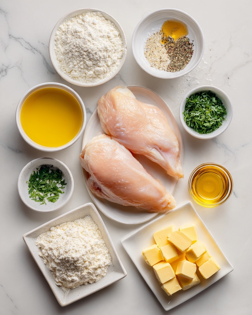 The image shows a white marbled surface neatly arranged with ingredients in small white bowls around three raw chicken breasts placed in the center. The chicken is pale pink with a smooth texture. Surrounding the chicken, there are bowls containing yellow melted butter, golden oil, white flour, black pepper, fresh green chopped herbs, and a small glass of honey. Two small square plates hold solid yellow butter in cubes. Everything is cleanly organized, bright, and ready for cooking preparation. Photo taken with an iphone --ar 4:5 --v 7