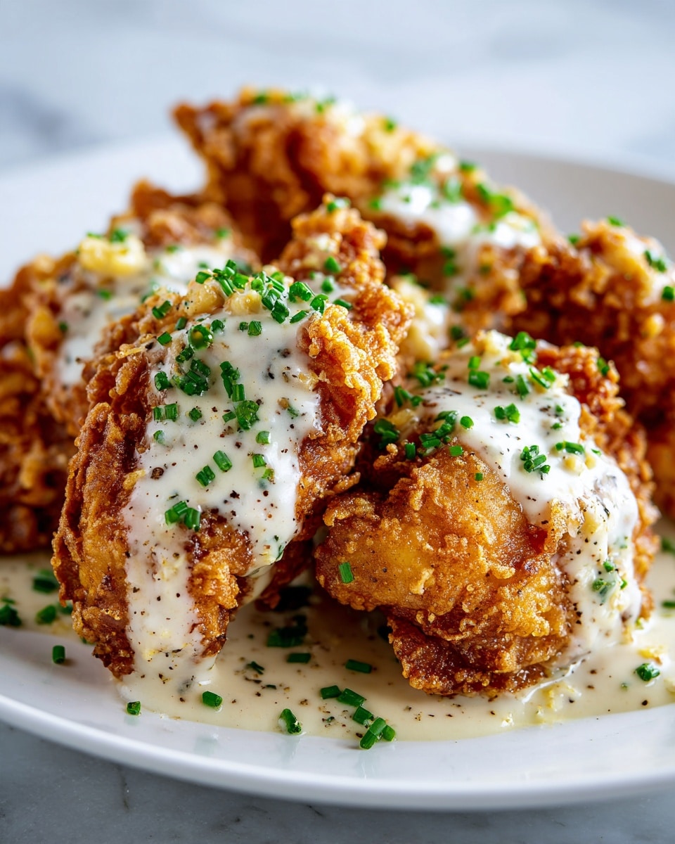 A close-up view of two pieces of golden brown fried chicken with a crisp texture, covered unevenly with a creamy white gravy sauce that has visible black pepper specks. The chicken is sprinkled generously with finely chopped green herbs, likely chives, adding a fresh contrast to the beige and brown tones. The dish is placed on a white plate set on a white marbled surface. photo taken with an iphone --ar 4:5 --v 7
