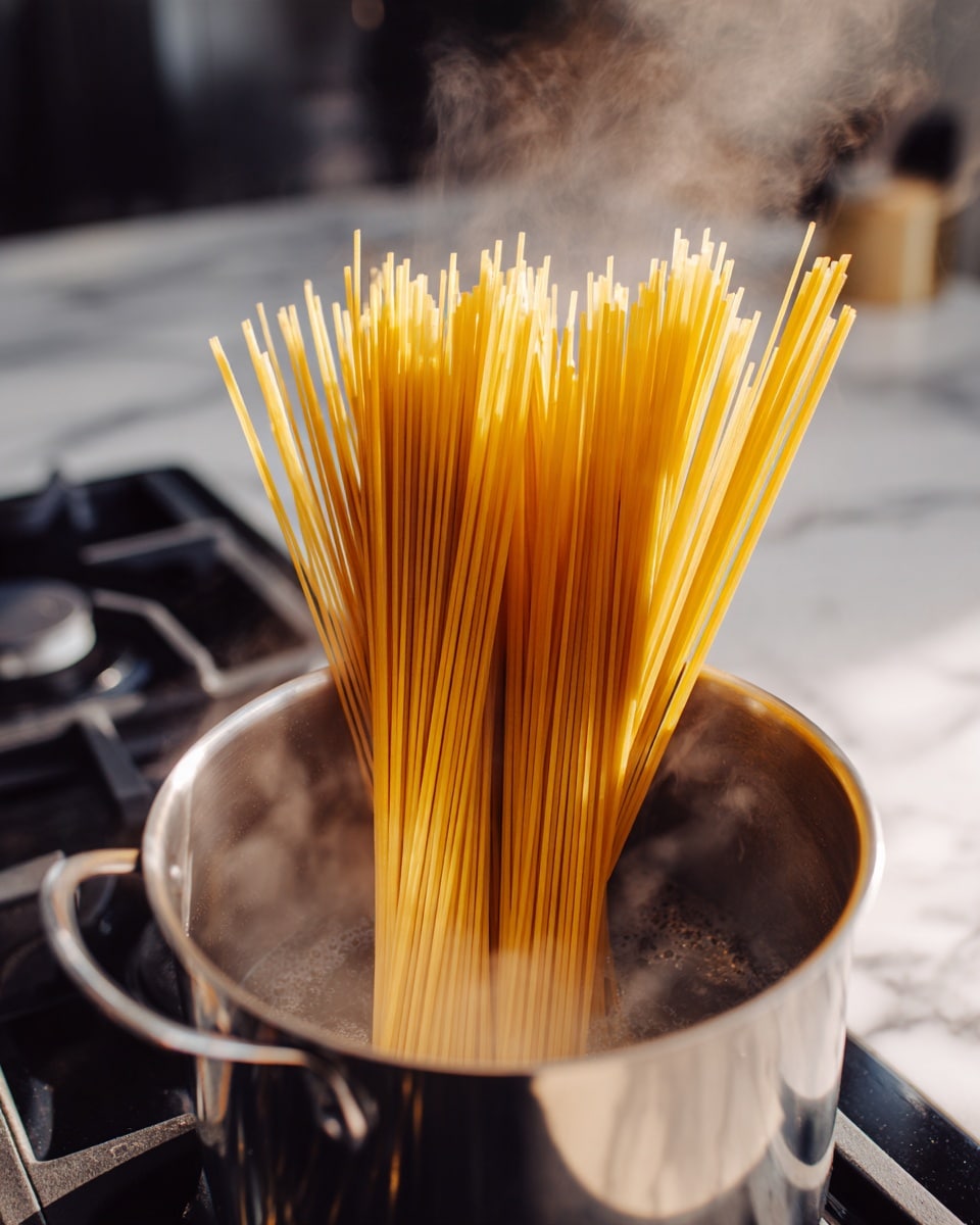 A close-up image shows a large silver pot on a stove filled with boiling water, with long yellow dry spaghetti noodles placed upright inside the pot. The thin spaghetti strands fan out from the base, some dipping into the water while others stand tall above the pot's rim. Steam rises around the noodles, and the pot's shiny surface reflects the surrounding kitchen environment, with a white marbled surface visible beneath the stove. photo taken with an iphone --ar 4:5 --v 7