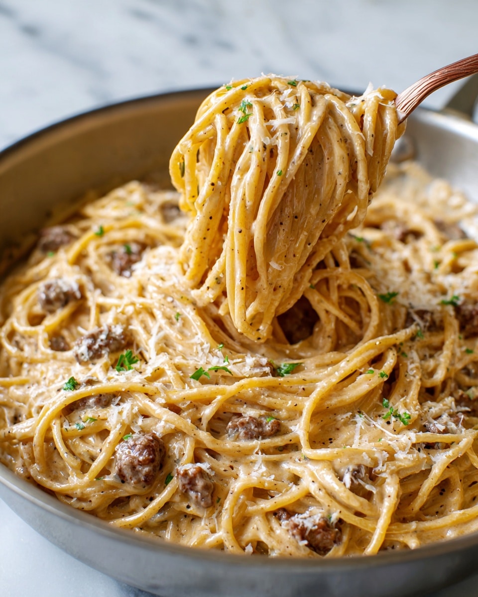 A close-up of a pan filled with spaghetti pasta coated in a creamy light tan sauce with visible black pepper specks. The pasta is mixed with small dark brown pieces of cooked meat scattered evenly. Some grated white cheese and small green parsley bits are sprinkled on top of the pasta. A fork twirls a portion of the spaghetti, lifting it from the pan, showing the noodles' smooth and slightly shiny texture. The pan sits on a surface with a white marbled texture. photo taken with an iphone --ar 4:5 --v 7