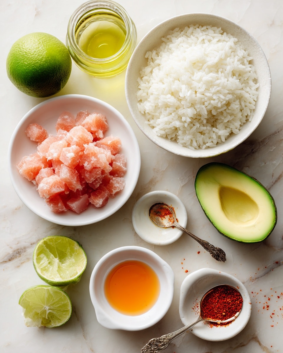 A white marbled surface holds several ingredients laid out neatly, including a small white bowl filled with white rice, a small white bowl with finely chopped raw pink fish, an avocado placed beside halved green lime, and two small white bowls containing white creamy sauce and orange sauce respectively. Additionally, there is a glass container with light yellow oil and a small metal spoon holding a small amount of red spice. The ingredients are arranged clearly and brightly. photo taken with an iphone --ar 4:5 --v 7