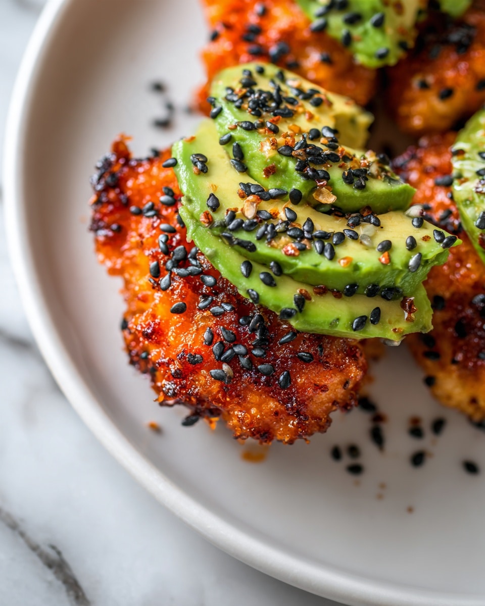 A close-up of a piece of spicy fried chicken topped with a thick green layer of sliced avocado spread evenly, sprinkled with black sesame seeds on top. The crispy fried chicken is bright orange-red with a rough crunchy texture. The piece is placed on a white plate with a few black sesame seeds scattered around. In the background, there is a white marbled textured surface. Photo taken with an iphone --ar 4:5 --v 7