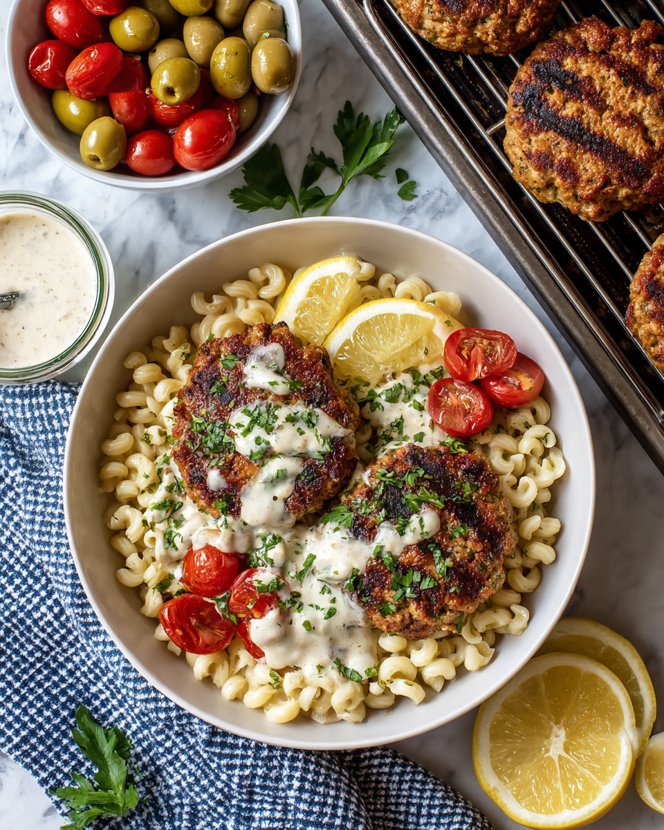 A white bowl with two grilled patties placed on top of a bed of small white pasta, drizzled with white sauce and garnished with fresh green herbs. Around the patties are chunks of green olives and bright red cherry tomatoes, some whole and some sliced. On the left side of the bowl are two thin lemon slices. A small glass container with more white sauce sits in the bowl near the pasta. Behind the bowl is another white bowl filled with more olives and cherry tomatoes, and to the right, two more patties rest on a grill. The whole scene is set on a white marbled surface with a blue and white checkered cloth partially underneath the main bowl. photo taken with an iphone --ar 4:5 --v 7