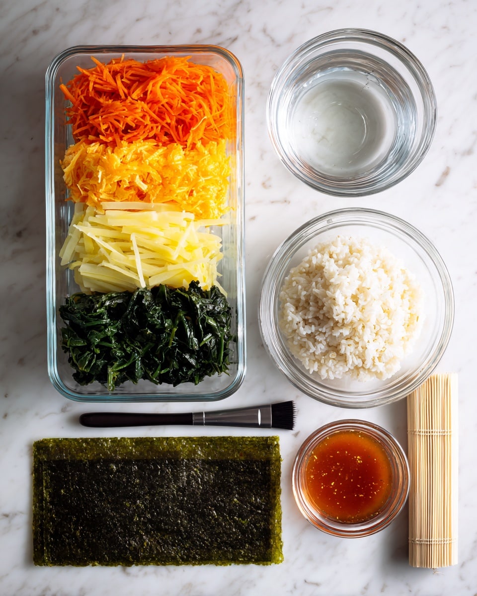 The image shows ingredients for making sushi arranged neatly on a white marbled surface. At the top left, there is a rectangular glass container divided into four horizontal layers: bright orange shredded carrots at the bottom, topped with pale yellow slices of pickled radish, then a dark green layer of spinach, and a top layer filled with pale yellow egg strips. To the right, there are three clear glass bowls: one with white rice in the center, a smaller one with water above it, and the smallest one with reddish-brown sauce beside the water bowl. Next to these bowls is a small black brush. Below these, there is a square piece of dark green seaweed on the left and a bamboo sushi mat on the right, both placed on the white marbled surface. photo taken with an iphone --ar 4:5 --v 7