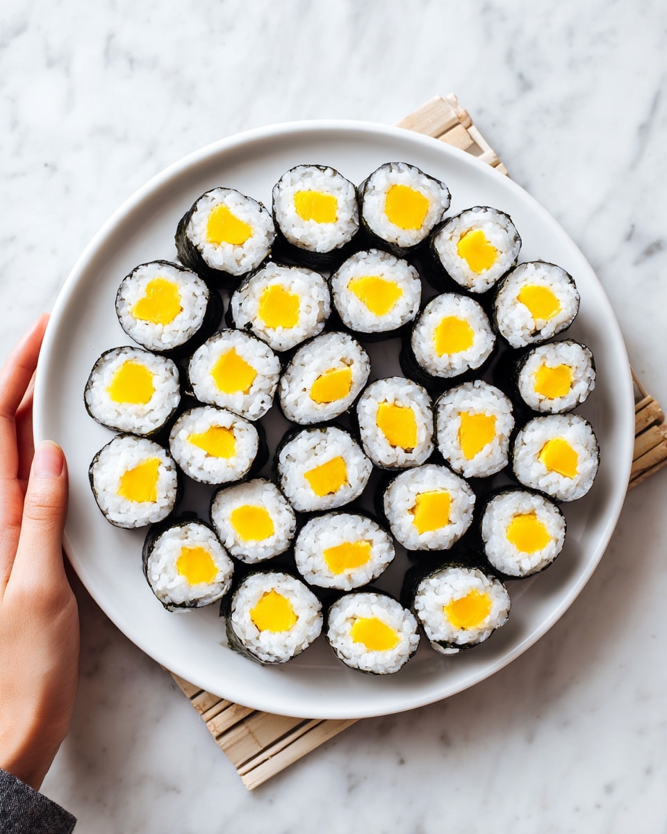 A white round plate filled with neatly arranged sushi rolls, placed on a white marbled surface with a bamboo mat underneath. Each sushi roll has multiple layers: the outermost layer is dark seaweed, followed by a thick layer of white rice inside. The center is bright yellow with a soft texture, likely egg or tamago, rolled tightly. The rolls are evenly spaced in a circular pattern, showing clean, smooth cuts. In the corner, a woman's hand is holding the edge of the plate gently. Photo taken with an iphone --ar 4:5 --v 7