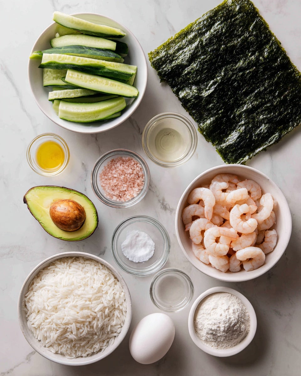 A top view of ingredients for sushi laying on a white marbled surface, including a large dark green seaweed sheet on the top right, a white bowl with peeled shrimp next to it, another white bowl with sliced cucumber sticks on the top left, and a halved avocado below that with its green flesh and brown seed showing. Below the shrimp bowl is a white bowl filled with white rice grains. Around these are small clear bowls with pink salt, vinegar, and white sugar, a whole white egg, and two other white bowls filled with white flour-like powders. photo taken with an iphone --ar 4:5 --v 7