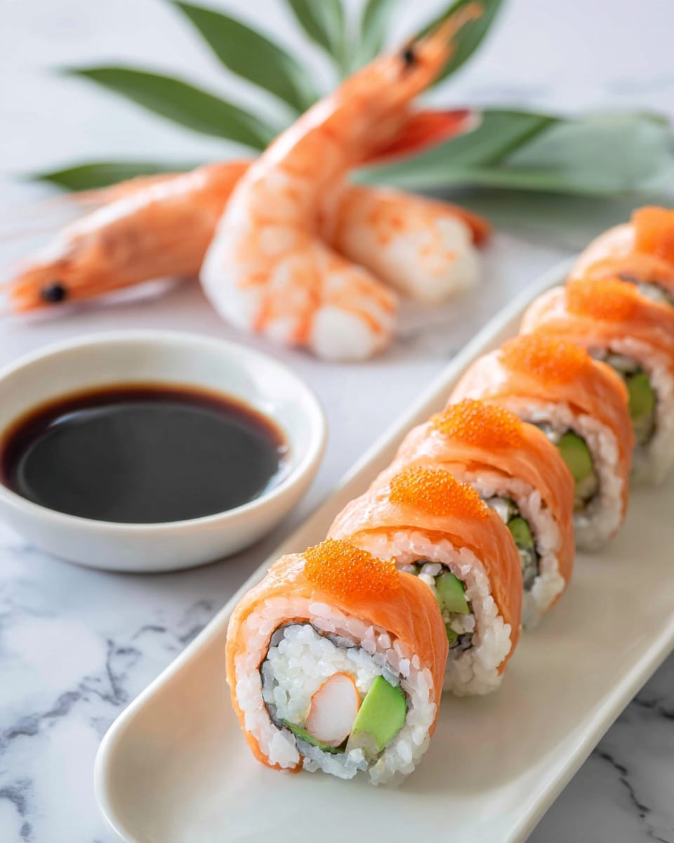 The image shows a close-up of five sushi rolls arranged in a row on a long white plate. Each sushi roll has a layer of orange fish eggs on the outside, white rice underneath, and inside there is a piece of pink shrimp with green avocado. In the background, two whole shrimp with tails up are placed next to green leaves on the white marbled surface. A small black bowl filled with dark soy sauce sits next to the plate. The photo is bright and sharp, taken with an iphone --ar 4:5 --v 7
