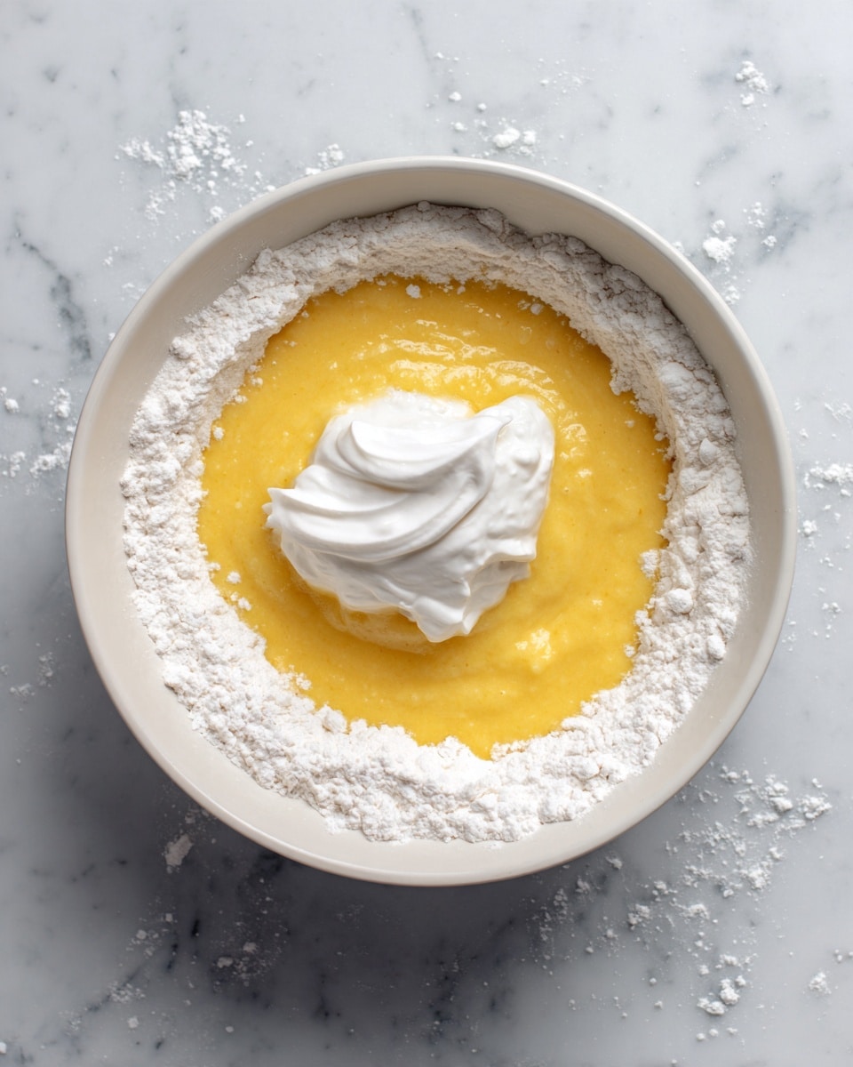 A white bowl filled with a yellow batter mixture, with some white flour surrounding the edges inside the bowl. In the center, there is a small dollop of thick white cream sitting on top of the yellow batter. The bowl is placed on a white marbled surface. photo taken with an iphone --ar 4:5 --v 7