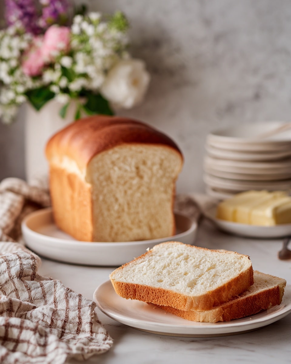 The image shows a white plate with a single slice of soft, light brown bread with a fluffy white inside. Behind it is a white round dish holding a whole loaf of bread with a golden-brown crust and one slice already removed. To the side, there is a white marbled surface with a checkered towel and a small bouquet of white and pink flowers. In the background, there is a stack of butter on a white plate, softly blurred. photo taken with an iphone --ar 4:5 --v 7