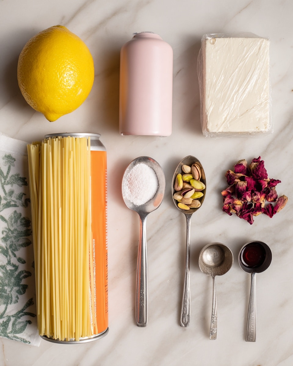 The image shows a white marbled surface with ingredients neatly arranged in two rows. In the top row from left to right, there is a bright yellow lemon, a small pink bottle, a white wrapped block, and a pile of thin, pale yellow noodles placed on a green and white cloth. In the bottom row on the white marbled surface, there is an orange can of cooking spray on the far left, followed by five silver measuring spoons lined up horizontally. Each spoon holds a different ingredient: the first spoon contains a white creamy soft cheese, the second has white granulated sugar, the third has brown pistachio nuts, the fourth has small deep red rose petals, and the fifth contains a dark syrupy liquid. The overall color palette is light with white, yellow, and soft beige tones against the silver spoons and the orange spray can. Photo taken with an iphone --ar 4:5 --v 7