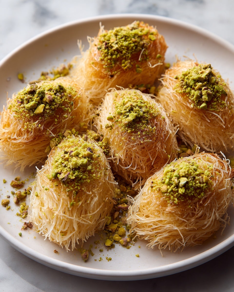 The image shows a white plate on a white marbled surface holding several golden brown pastries made of fine, thin noodle-like strands. Each pastry is roughly oval and flaky with crispy, light, and airy texture visible. On top of each pastry, there is a small mound of finely crushed green pistachios that add a contrast of color and texture. The pastries are arranged close together, slightly overlapping but mostly separate. The overall look is delicate and crunchy with a mix of light yellow, gold, and green colors. photo taken with an iphone --ar 4:5 --v 7