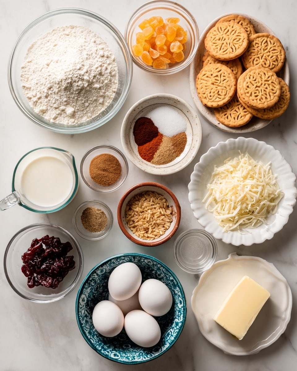 Various baking ingredients are laid out on a white marbled surface in small bowls and containers. There are three white eggs in a blue patterned bowl at the bottom center, and next to it on the left is a clear glass bowl filled with white flour. Above the eggs is a bowl of white granulated sugar, and nearby a clear measuring cup holds milk. To the right, a round white plate holds seven circular shortbread cookies with patterns on top, beside a scalloped white plate with a stick of butter. A small black measuring spoon carries shredded coconut. At the top center, a larger white plate displays different spices arranged in small piles, showing colors from brown to reddish-brown and white. Other bowls hold chopped orange peel, dried cherries, ground almonds, and a small glass of clear liquid. photo taken with an iphone --ar 4:5 --v 7