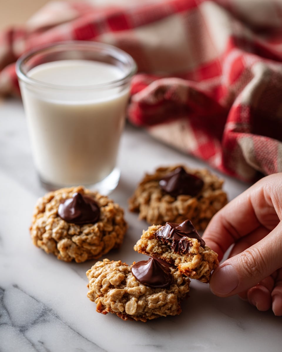 Three oatmeal cookies with a dollop of dark chocolate on top sit on a white marbled surface. Two whole cookies are at the back, while one cookie in the front is broken into pieces, showing a soft and crumbly texture inside. Nearby, a tall clear glass of milk stands on the left. A red and beige checkered cloth is folded in the top right corner. The scene looks casual and homey. Photo taken with an iphone --ar 4:5 --v 7