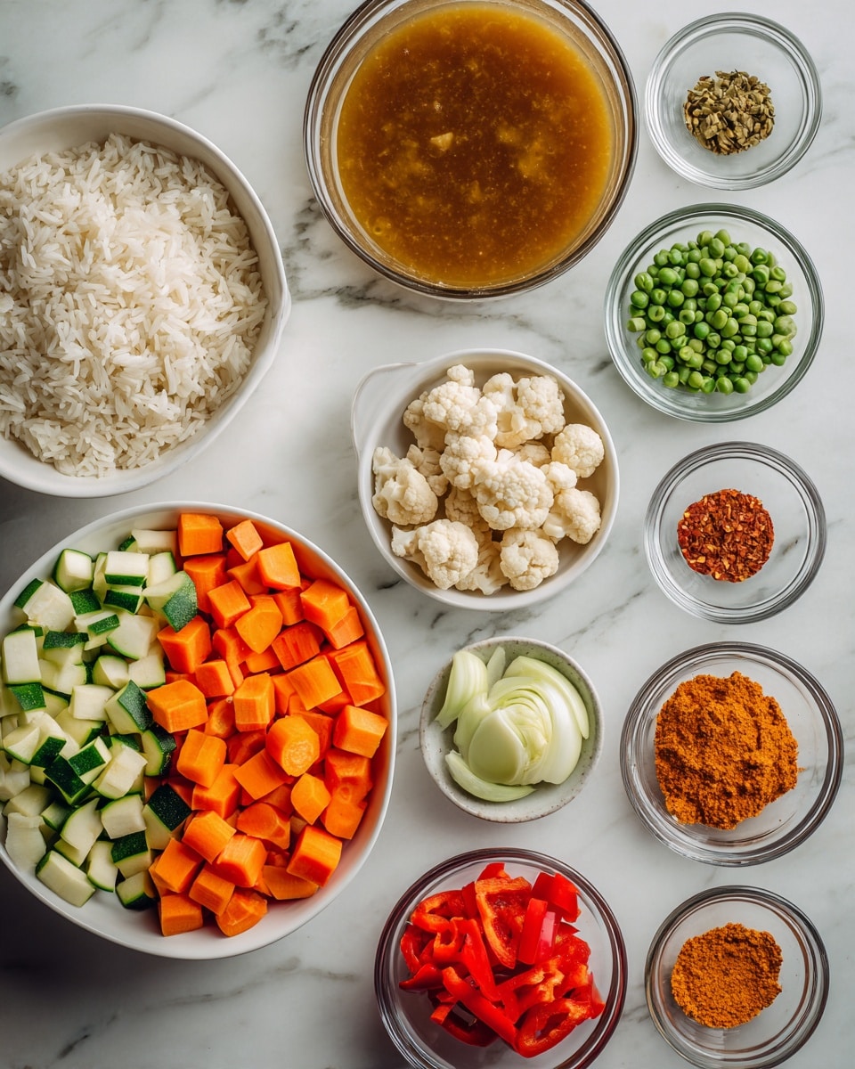 The image shows a top view of ingredients arranged on a white marbled surface. There is a large white bowl filled with white rice at the bottom left. Above it, a white bowl with sections of diced orange carrots, green zucchini, light beige cooked chicken pieces, and small cauliflower florets is placed. To the right, a clear glass bowl holds a brownish broth, while smaller glass bowls contain green peas, light green artichoke hearts, and red roasted pepper slices. At the bottom right, chopped red peppers, onions, and small mounds of orange and brown spices lay scattered in small white bowls. The photo taken with an iphone --ar 4:5 --v 7