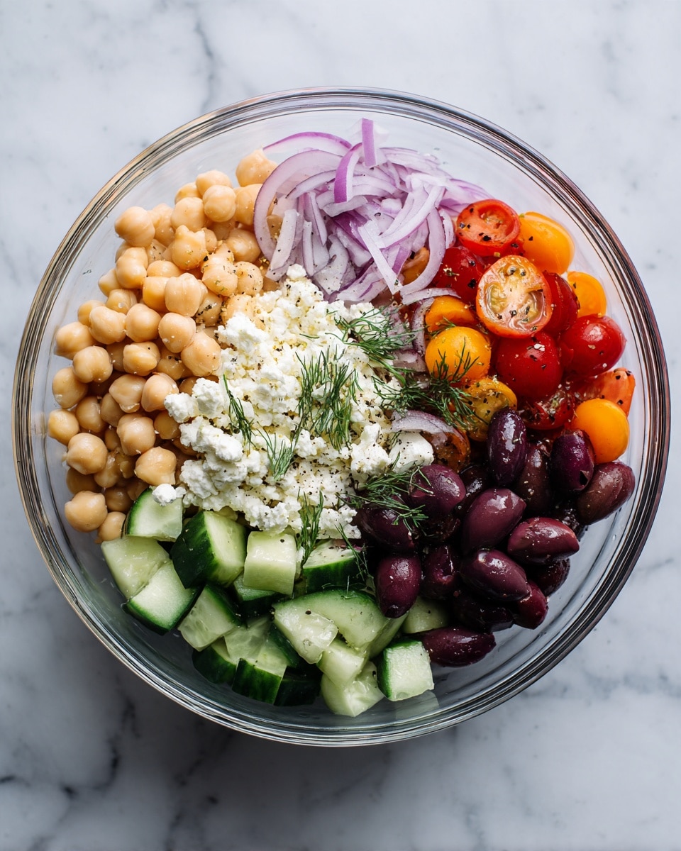 A clear glass bowl on a white marbled surface holds a fresh salad made of five main layers arranged side by side: pale beige chickpeas on the left, bright red and orange cherry tomato halves next to it, dark purple sliced olives in the center, thin curved slices of light purple onion beside the olives, and semi-circular green cucumber slices with dark green skin on the right. Crumbled white feta cheese is sprinkled over all the ingredients, along with small green dill sprigs and a light dusting of ground black pepper. The textures range from soft chickpeas and creamy cheese to crisp onions and cucumbers, all seen clearly through the transparent bowl, photo taken with an iphone --ar 4:5 --v 7