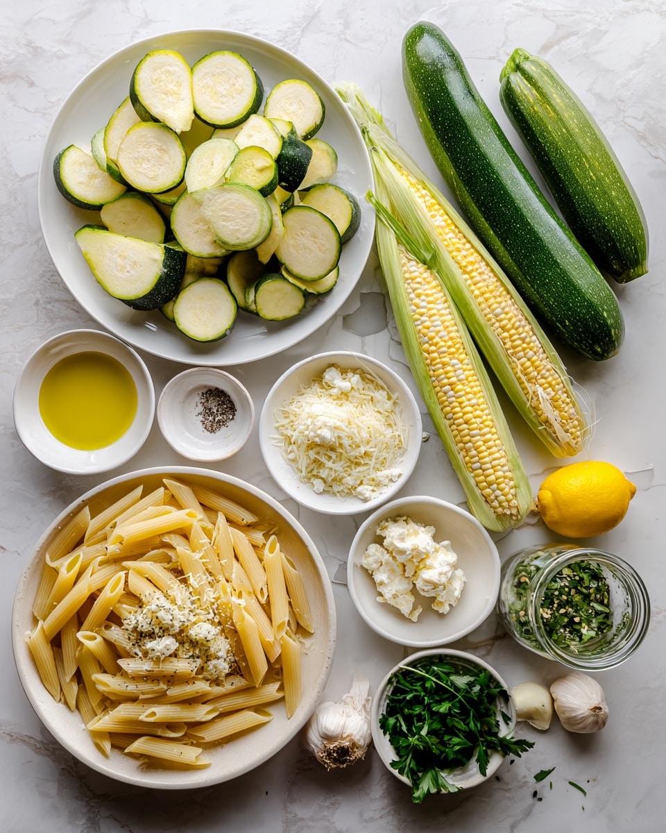 The image shows several fresh ingredients arranged on a white marbled surface, including a white plate with whole and sliced zucchinis, bright yellow and white corn cobs, a white bowl filled with dry penne pasta, small white bowls with grated cheese, chopped herbs, and salt and pepper, a bowl with green leafy herbs, a small glass jar of crumbled cheese, two garlic cloves, a lemon, and a white bowl with olive oil. The ingredients are neatly spread out, with the colors mainly green, yellow, white, and beige standing out clearly. photo taken with an iphone --ar 4:5 --v 7