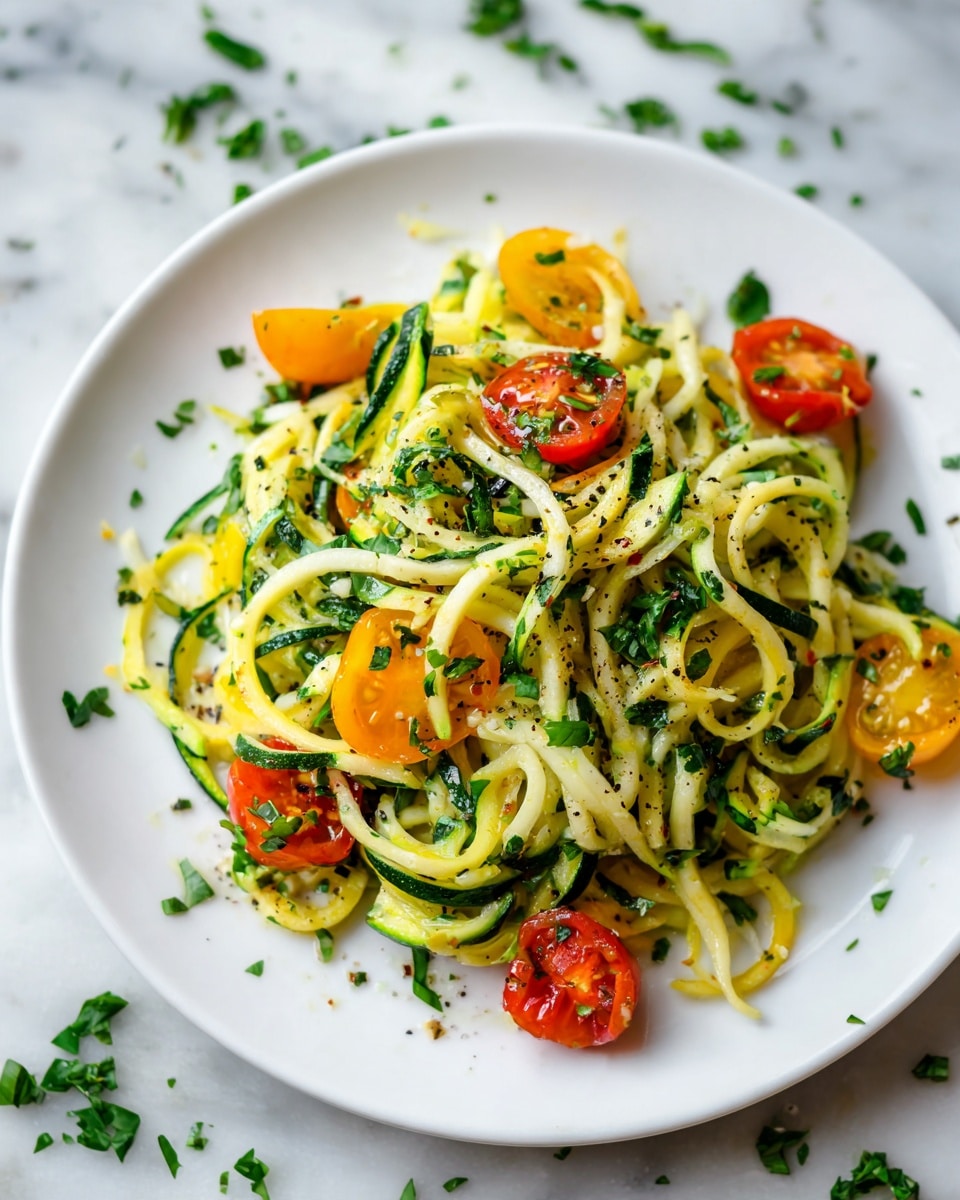 A white plate holds a single serving of zucchini noodles mixed with light yellow pasta noodles, both twisted together. Scattered through the noodles are halved red and orange cherry tomatoes that add bright pops of color. Fresh chopped green herbs are sprinkled on top and around the plate, adding texture and freshness. The noodles look lightly seasoned with small dark specks. The background is a white marbled surface with more green herb pieces scattered near the plate. Photo taken with an iphone --ar 4:5 --v 7