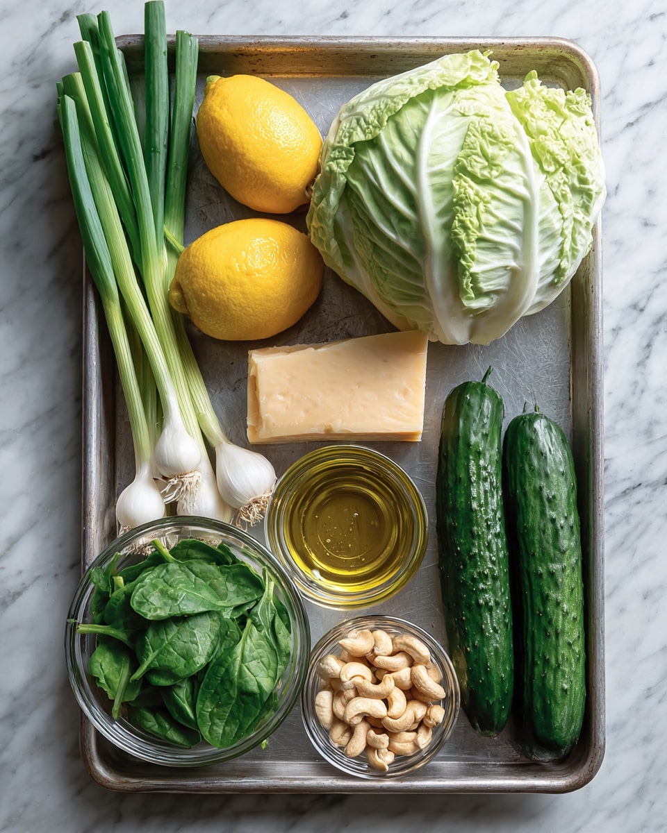 A metal tray holds several fresh ingredients arranged neatly. On the top left are bright green onions with white bulbs, next to two bright yellow lemons. Below the lemons, there is a large pale green cabbage head. To the right of the cabbage, four dark green cucumbers lie side by side. In the bottom left corner of the tray, three clear glass bowls contain fresh spinach leaves, cashew nuts, and olive oil. A block of light orange cheese rests near the cucumbers. The tray rests on a white marbled surface. Photo taken with an iphone --ar 4:5 --v 7