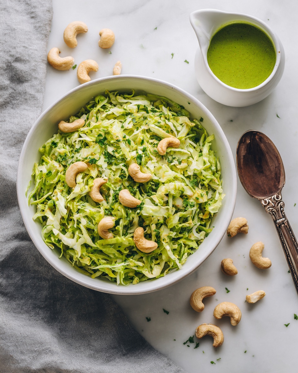 A white bowl filled with green curly shredded lettuce mixed with small chopped green herbs and sprinkled with light brown cashew nuts on top. Next to the bowl, there is a small white cup with a green sauce. Around the bowl and cup, some light brown cashew nuts are scattered on a white marbled surface, with a gray cloth nearby. photo taken with an iphone --ar 4:5 --v 7