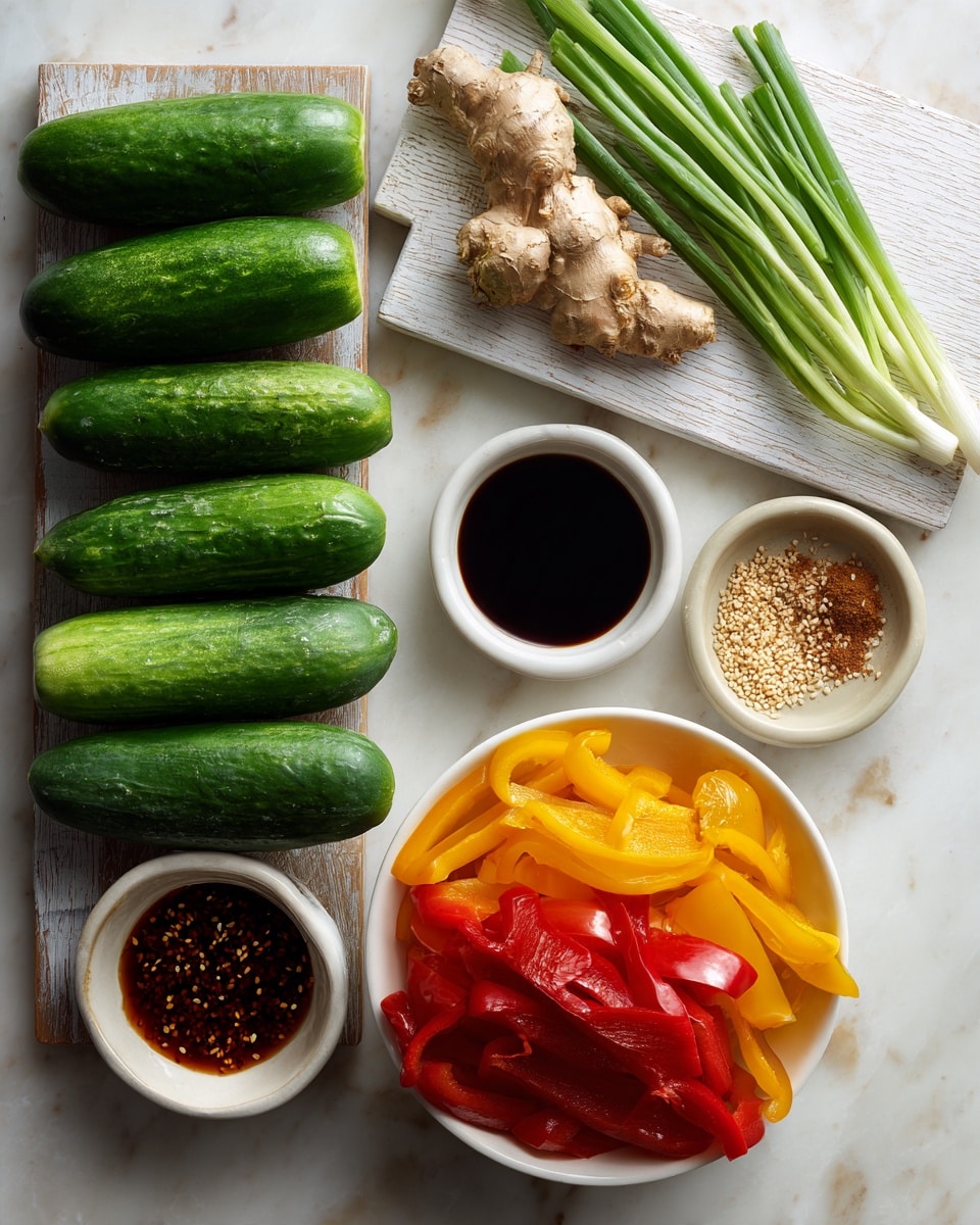 The image shows a clean white marbled surface with several ingredients neatly arranged. At the top left, there is a row of seven fresh cucumbers stacked closely. To the right, on a white wooden board, there are green onions and a piece of ginger. Below, there are small white bowls holding different sauces and spices, including a dark soy-like liquid, a reddish sauce, sesame seeds, and a small amount of ground spice. In the center bottom, a white bowl is filled with colorful red, yellow, and orange bell peppers cut into strips. The scene is well lit, showing the natural colors and textures of each ingredient clearly, photo taken with an iphone --ar 4:5 --v 7