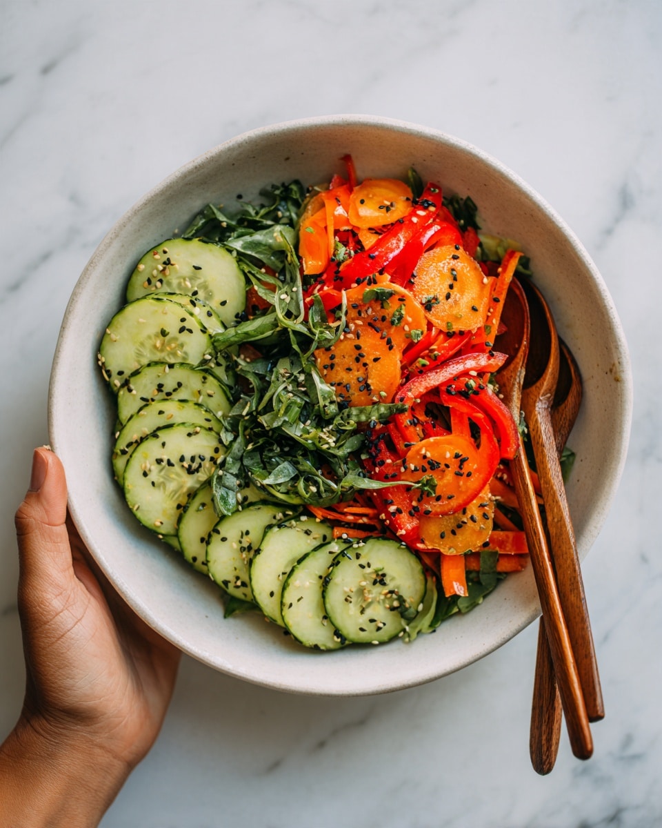 In a large white bowl on a white marbled surface, there is a colorful salad with three main layers. The bottom layer is made of thick slices of light green cucumber with dark green skin, arranged in a curved pattern on one side. On top, there are bright red bell pepper strips and thin slices of vibrant orange carrots mixed evenly throughout. The salad is sprinkled with small black sesame seeds and garnished with bright green leafy herbs. Two wooden spoons are placed inside the bowl, angled outward, with a woman's hand holding one of them. The photo was taken with an iphone --ar 4:5 --v 7