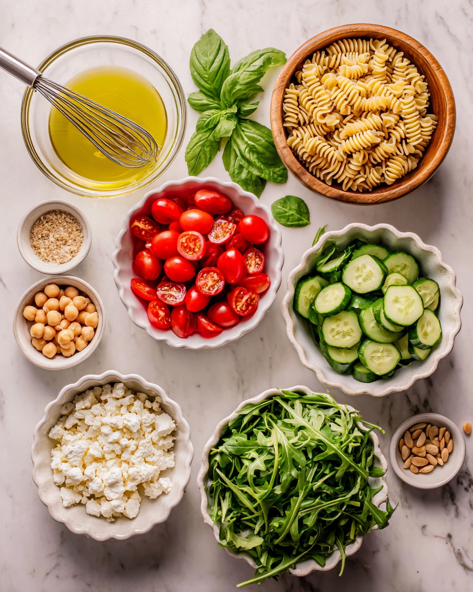 The image shows several bowls on a white marbled table, each holding different fresh ingredients. Starting from the top left is a glass bowl with a yellow dressing and a whisk inside, next to a white bowl full of uncooked spiral pasta on the upper right. Below this is a wooden bowl with fresh green basil leaves. To the right of the basil is a white bowl filled with sliced cucumbers. Further down is a white scalloped bowl with halved red cherry tomatoes in the center. To the right of the tomatoes is a white-rimmed bowl filled with light brown chickpeas. At the bottom left is a white bowl with crumbled white cheese, followed by a white scalloped bowl with fresh green arugula leaves. Lastly, on the bottom right, there's a small white bowl holding light tan pine nuts. All bowls hold fresh, vibrant ingredients contrasting well with the white marbled surface. Photo taken with an iphone --ar 4:5 --v 7