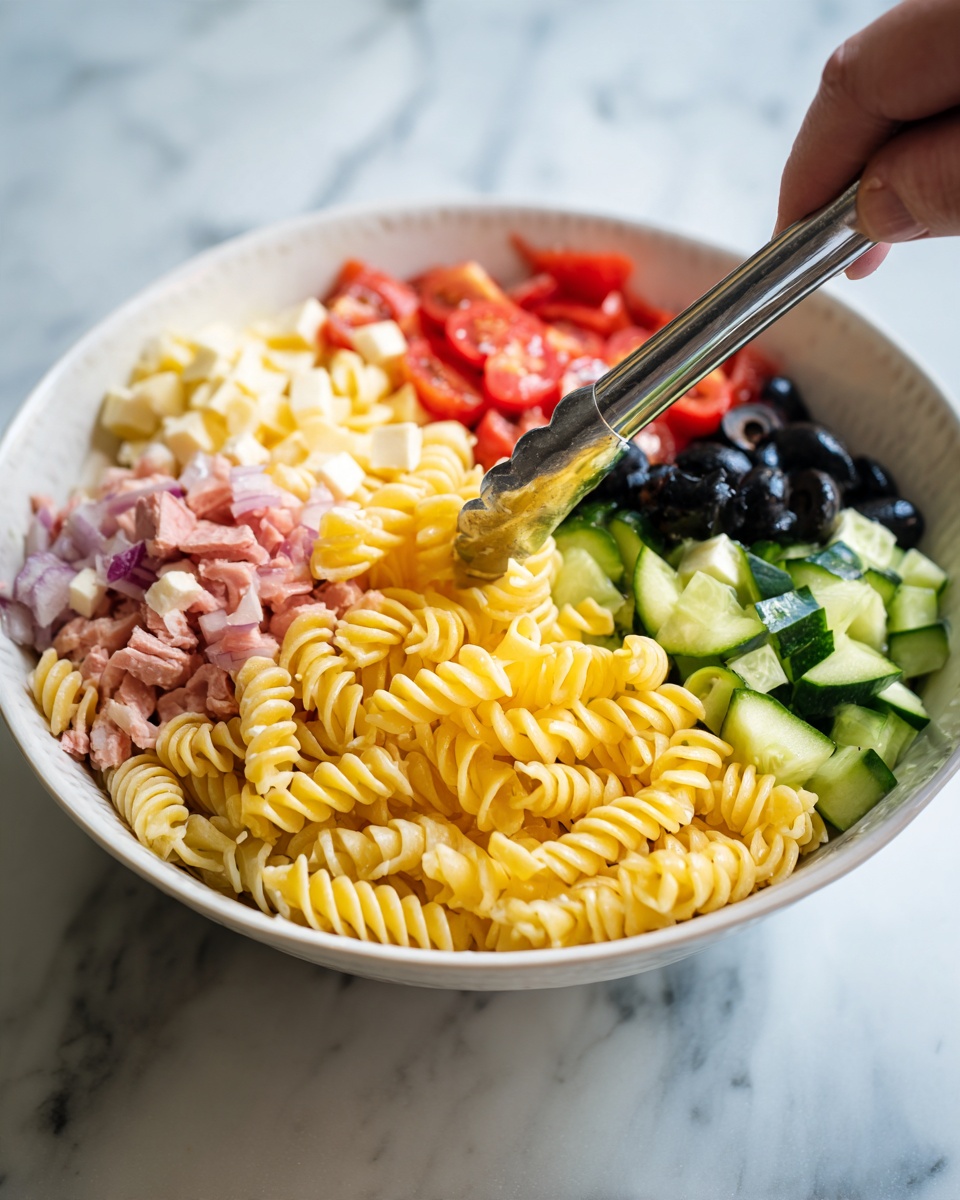 A close-up view of a white bowl filled with rotini pasta salad featuring several colorful layers. The bottom and main layer consists of spiral-shaped yellow pasta mixed with chunks of light-colored cheese. On top, there are pieces of green cucumber, red tomato, black olives, and small bits of pinkish meat. A woman's hand is using metal tongs to lift some of the salad. The entire scene is set on a white marbled surface. Photo taken with an iphone --ar 4:5 --v 7