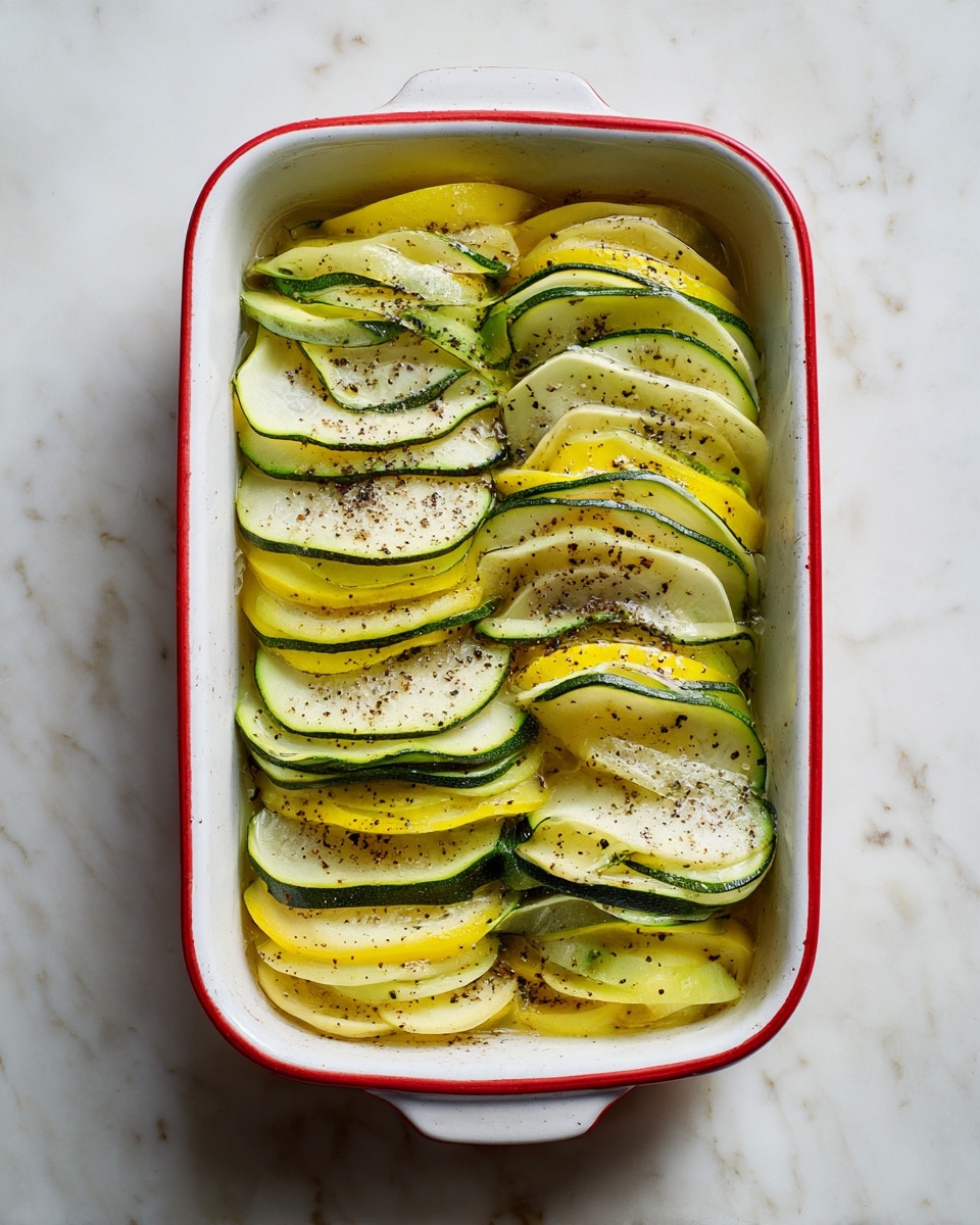 This image shows a white rectangular baking dish with a red rim, placed on a white marbled surface. Inside the dish, there are two layers of thinly sliced vegetables. The bottom layer is made of yellow slices, evenly spread out. On top of that, there is a layer of long, thin, light green slices with dark green edges that are placed side by side and slightly overlapping. The top vegetable layer is sprinkled with black pepper and a light drizzle of oil, making the surface shiny and textured. photo taken with an iphone --ar 4:5 --v 7