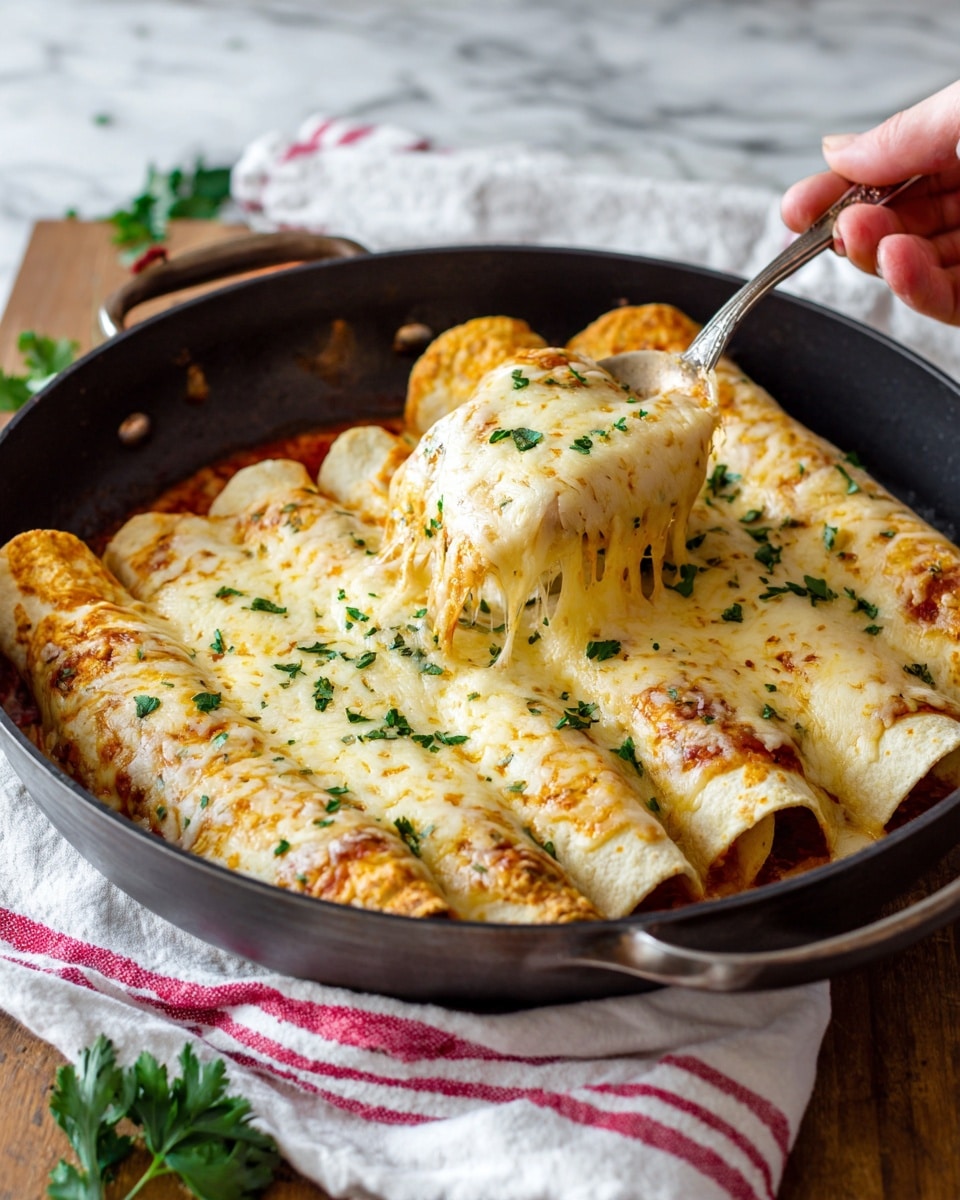 The image shows a round black pan filled with several rolled enchiladas covered with melted cheese that is slightly browned, with some melted sauce visible underneath. Each enchilada is light yellow, soft, and slightly browned with a sprinkle of herbs and small green leaves on top. A woman's hand is holding a spoon lifting one enchilada, showing gooey cheese and sauce inside. The pan rests on a wooden table, with a white cloth with red stripes and some green herbs nearby. The background is a white marbled texture. Photo taken with an iphone --ar 4:5 --v 7