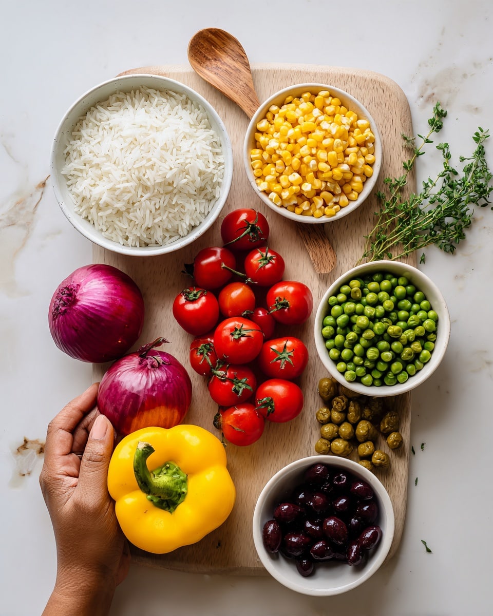 The image shows a wooden board placed on a white marbled surface, filled with various fresh ingredients. At the top left is a white bowl full of rice with fluffy grain texture. To the right, there is a smaller white bowl packed with bright yellow corn kernels. Below the rice, there are two small red onions with smooth skin and a yellow bell pepper with shiny skin. In the center, two clusters of red cherry tomatoes on green stems are placed closely together. Next to them, a white bowl is filled with green peas, showing a smooth, round texture. Below the tomatoes and peas, there are black olives and a small pile of capers, both showing a glossy texture. Some fresh green herbs lay on the top right corner, adding a soft leafy texture. A woman's hand is holding a wooden spoon near the center, above the tomatoes. The whole setup looks fresh and colorful. photo taken with an iphone --ar 4:5 --v 7
