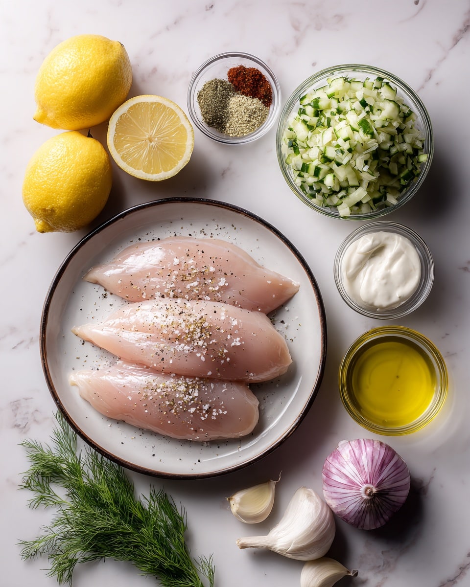 The image shows an overhead view of four raw, pale pink chicken fillets layered on a white enamel plate with a dark rim, sprinkled with coarse salt and black pepper. To the top left of the plate, there are two whole lemons—one cut in half and the other whole—against a white marbled surface. At the top center, a glass bowl filled with finely shredded light green cucumber sits beside a small clear bowl holding three kinds of dried herbs and spices in red, brown, and pale green colors. To the right, a white bowl contains thick, creamy white yogurt. Below that, a small clear bowl holds golden olive oil. Scattered below the oil are three pale pink cloves of garlic beside half a peeled shallot with a purple edge. The bottom right corner features fresh green dill with feathery leaves. photo taken with an iphone --ar 4:5 --v 7