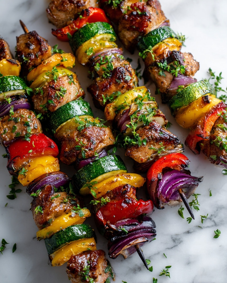 The image shows several grilled skewers placed on a white marbled surface, each skewer having colorful layers that alternate between chunks of light brown meat, bright green zucchini slices, deep red bell pepper pieces, and purple onion wedges. The meat has a slightly charred texture, and the vegetables show grill marks with a soft but firm appearance. Some fresh chopped green herbs are scattered around the skewers, adding a fresh look. photo taken with an iphone --ar 4:5 --v 7
