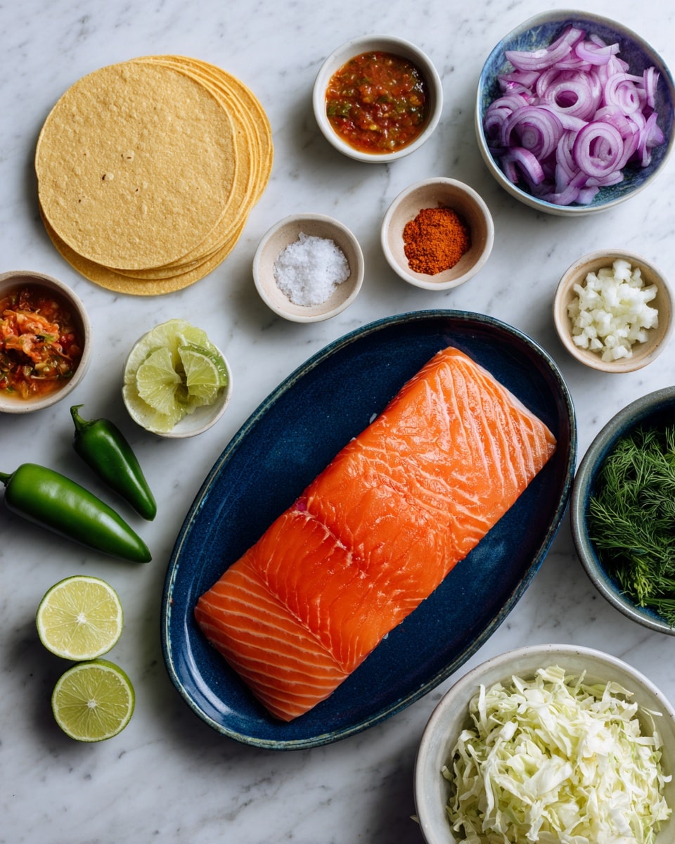 The image shows a dark blue oval plate holding a large piece of raw salmon with an orange color and smooth texture, positioned in the bottom left. Surrounding the plate are small white bowls arranged loosely on a white marbled surface, each containing different ingredients: pale yellow corn tortillas stacked in the top left, a small green jalapeño below them, three whole limes at the bottom center, shredded white cabbage filling a larger white bowl on the bottom right, fresh green herbs like cilantro and dill in a bowl at the top right, thinly sliced red onions in a blue bowl near the top center, and various small white bowls filled with white salt, orange spices, red salsa, brown sauce, and light green slices of lime scattered among everything. The colors range from bright orange to green, white, and purple, with a clean and organized layout. Photo taken with an iphone --ar 4:5 --v 7
