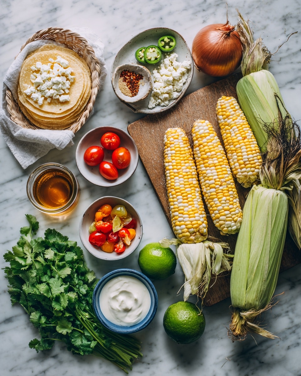 The image shows several fresh ingredients neatly arranged on a white marbled surface. On the right, there is a wooden board with five ears of corn, some fully husked revealing yellow and white kernels, and others still in green husks with brown silk. In the center, there are small white bowls holding red cherry tomatoes, crumbly white cheese, sliced jalapeños with carrot pieces, and an amber sauce. There is also a lime, a bunch of fresh green cilantro, and a small glass jar with a golden liquid next to a small blue bowl filled with a white creamy sauce. At the upper left corner, a woman's hand is gently holding a basket lined with a white cloth that covers stacked yellow corn tortillas. A whole red onion and a small bowl with mixed spices are also part of the setup, all placed on the white marbled surface. photo taken with an iphone --ar 4:5 --v 7