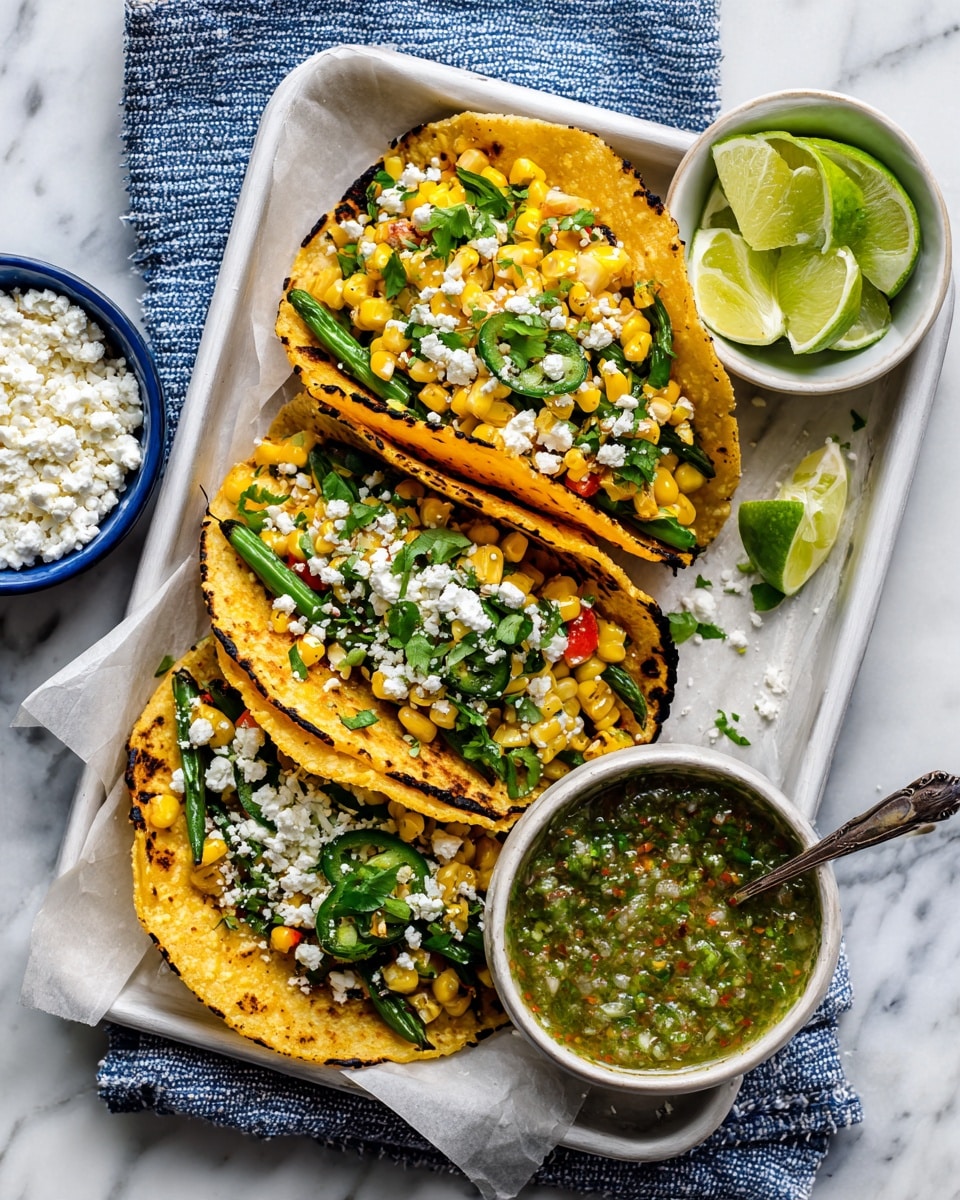 Three charred taco shells are placed horizontally on a white tray lined with parchment paper, each filled with layers of bright yellow grilled corn kernels, green sliced jalapeños, white crumbled cheese, fresh green herbs, green beans, and small orange tomato pieces. To the right of the tacos is a white bowl containing three lime wedges, and below it, another white bowl holds a green chunky salsa with visible seeds and a silver spoon resting inside. To the left side of the tray, there is a small blue bowl filled with more white crumbled cheese. The background is a white marbled surface with a blue and white cloth partially visible underneath the tray. Photo taken with an iphone --ar 4:5 --v 7