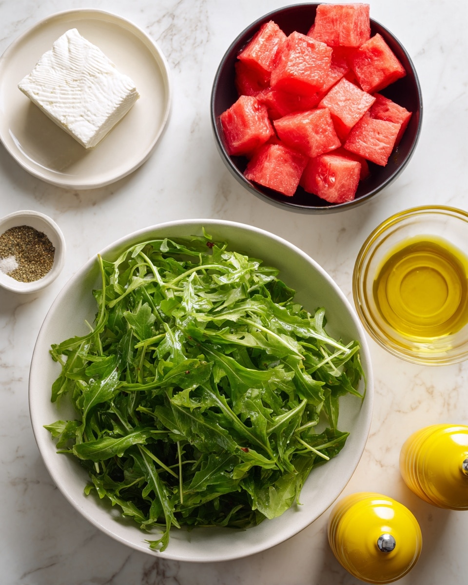 A white bowl is full of fresh green arugula leaves with some stems visible, placed on a white marbled surface. Above it, there is a black bowl filled with bright red watermelon cubes, showing juicy texture. To the left, a small white plate holds a block of white feta cheese with a firm, crumbly surface. On the right side, three containers are arranged: a transparent small bowl with golden olive oil, a yellow pepper grinder, and a yellow salt grinder, all on the same white marbled background. Photo taken with an iphone --ar 4:5 --v 7