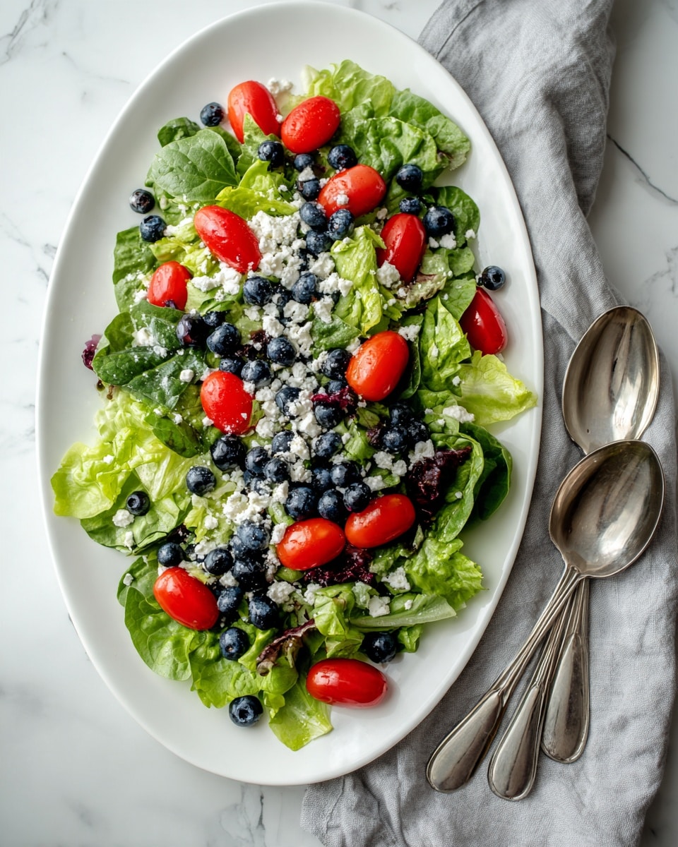 A fresh salad is arranged on a large white oval plate placed on a white marbled surface. The base layer is a mix of green leafy vegetables with a soft, slightly wrinkled texture. Scattered on top are bright red cherry tomatoes that are smooth and round, along with small, plump blueberries that are dark blue and shiny. Crumbled white cheese with a slightly rough texture is sprinkled evenly across the salad. To the right of the plate, two silver serving spoons lie side by side, and a gray cloth with a soft fabric texture is partially visible. Photo taken with an iphone --ar 4:5 --v 7