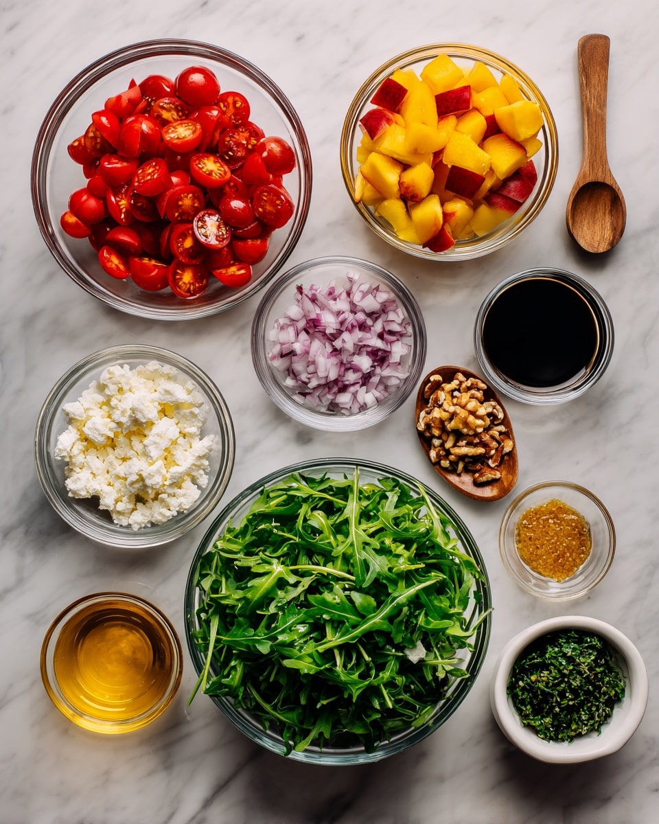 The image shows a white marble surface with nine clear glass bowls placed neatly in a grid. Starting from the top left, there is a bowl filled with bright red cherry tomatoes sliced in half. To its right, a bowl of chopped peach pieces in orange and yellow hues. Below the tomatoes, a small bowl with chopped nuts in light brown and cream colors. Next to that, a small bowl with finely chopped red onion, light purple in color. In the middle bottom row, a small bowl of white crumbled cheese, and to its right, a small bowl of finely chopped dark green herbs. Below the peaches, a large bowl of fresh dark green leafy arugula fills the bowl. The last row shows three small containers: a small bowl with a thick dark brown balsamic-like liquid, a bowl with golden yellow honey, and a small wooden spoon holding a grainy golden mustard. Photo taken with an iphone --ar 4:5 --v 7