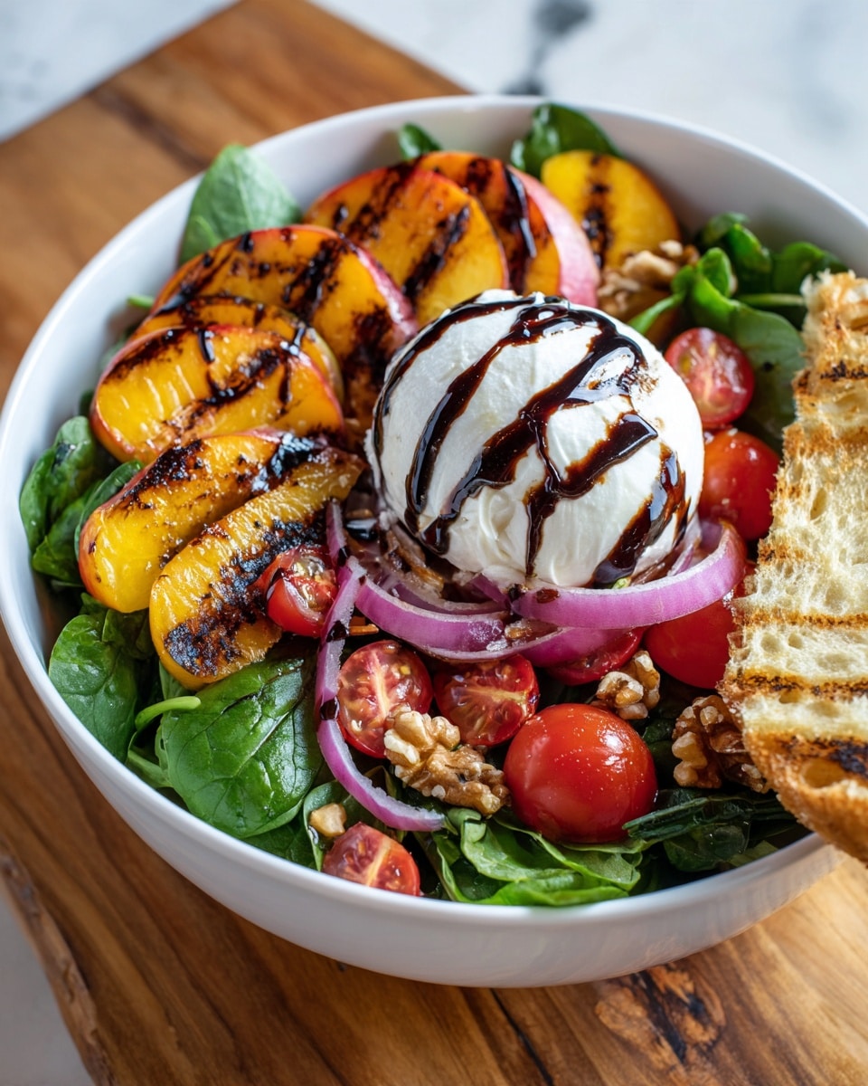 A white bowl filled with a colorful salad sits on a wooden surface with a white marbled texture partly visible. The salad has three main layers: the bottom layer is fresh green leafy spinach and basil; the middle layer has halved cherry tomatoes and thin rings of sliced red onion; the top layer has several grilled peach slices with dark grill marks, small walnut pieces scattered, and a large round ball of white burrata cheese drizzled with thick dark balsamic glaze. There is also a white grilled bread piece on the right side outside the bowl. Photo taken with an iphone --ar 4:5 --v 7