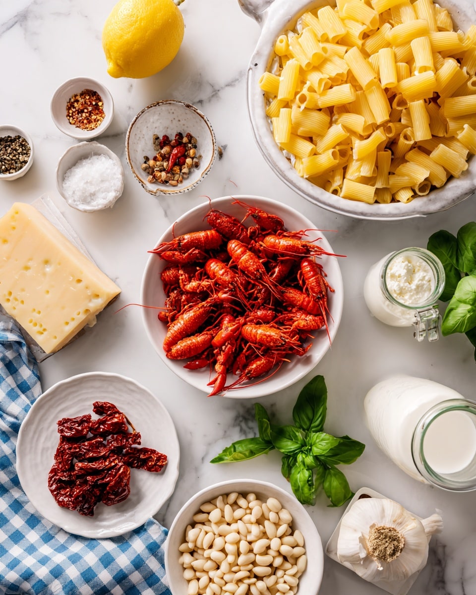 The image shows a cooking setup on a white marbled surface with several white dishes and bowls arranged neatly. There is a white colander filled with plain yellow cooked rigatoni pasta, placed at the top right. Below it, a white bowl holds bright red cooked crawfish or crayfish. Fresh green basil leaves are placed near the middle right, along with a small glass jar of white cream or milk. A small white bowl is filled with white pine nuts, and another holds peeled garlic cloves. A small plate has dark red sun-dried tomatoes. Nearby, a wedge of pale yellow hard cheese lies on a white and blue checkered cloth. At the top left, a lemon and small dishes with various spices, including a dried red chili and a mix of crushed pepper, are visible. The scene is bright and clean, with all ingredients clearly displayed. photo taken with an iphone --ar 4:5 --v 7