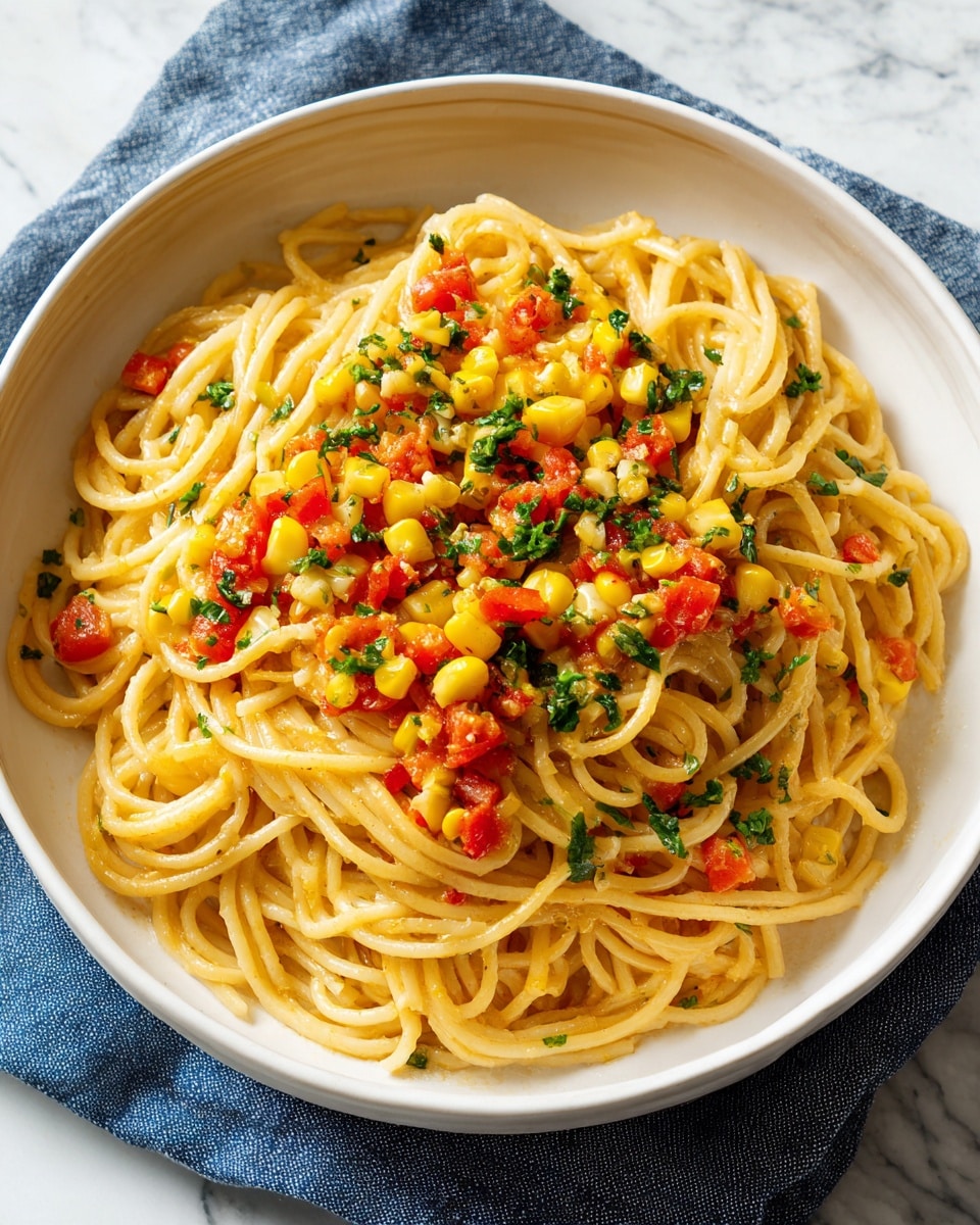 A white pan filled with spaghetti placed in the center on top of a folded blue cloth, with a white marbled surface beneath; the spaghetti is light yellow and arranged in a loose round pile on one side of the pan. The pasta is mixed with small pieces of yellow corn, bright red diced tomatoes, and chopped green herbs spread evenly around and on top, giving the dish a fresh and colorful look. The texture of the spaghetti is smooth and shiny, while the corn and tomatoes add a light, juicy texture. Photo taken with an iphone --ar 4:5 --v 7